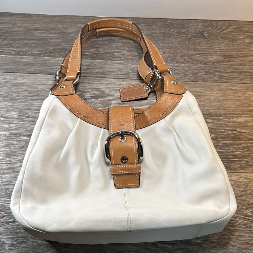 Coach Cream Leather Shoulder Bag with Tan Trim